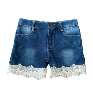 3/24$ Toddler blue denim/jean shorts with lace trim size 90 (2T)